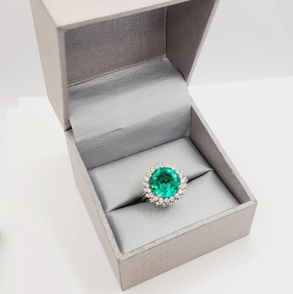 Emerald Green Quartz & White Zircon Sunburst Halo Ring Platinum Over Silver